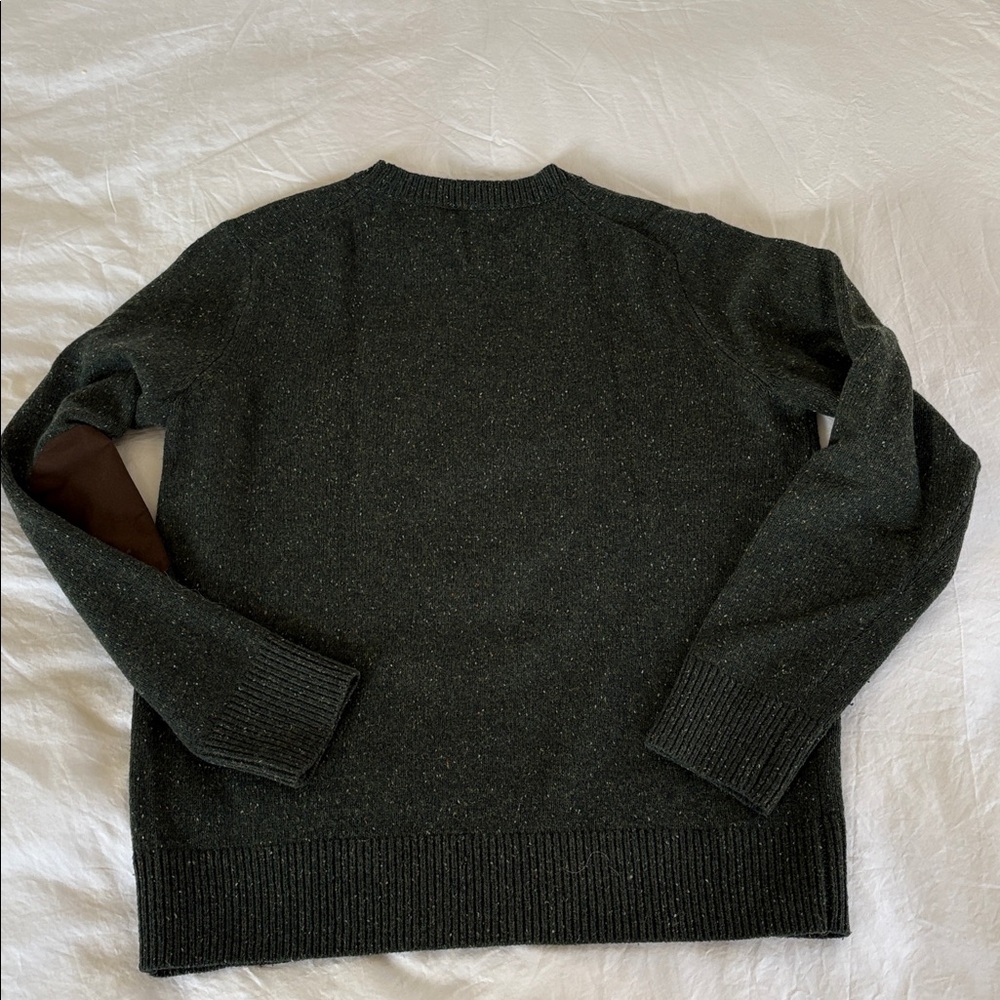 J. Crew Forest Green Crewneck Sweater with Leather Elbow Patches - Picture 3 of 10